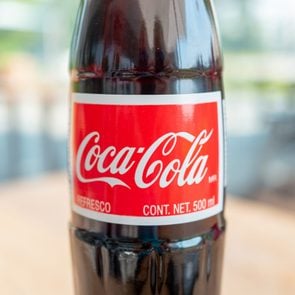 Close-up of glass bottle of Coca Cola beverage, aka Mexican Coke, San Ramon, California, August 19, 2020.